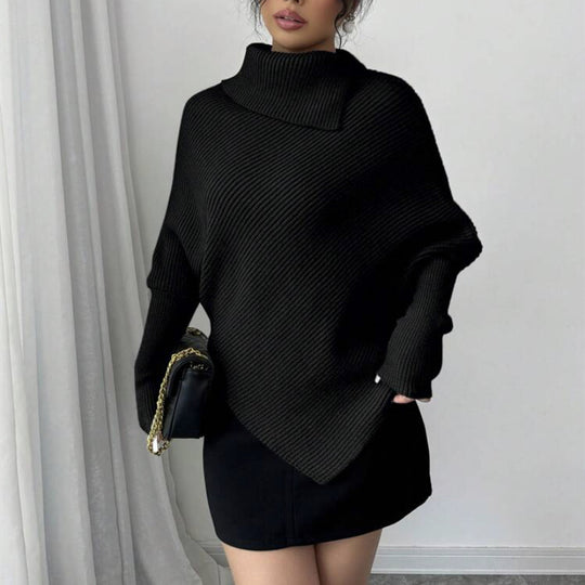 Damen Asymmetrischer Rippenstrick-Poncho mit hohem Rollkragen und verlängerten Ärmeln EB