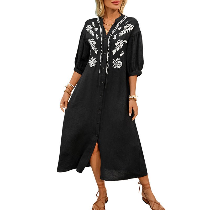 Damen Besticktes Hemdblusenkleid A‑Linie mit Knopfleiste und 3/4‑Ballonärmeln EB
