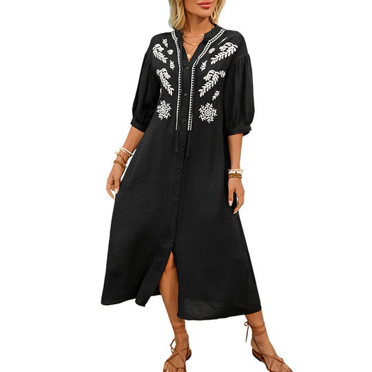 Damen Besticktes Hemdblusenkleid A‑Linie mit Knopfleiste und 3/4‑Ballonärmeln EB