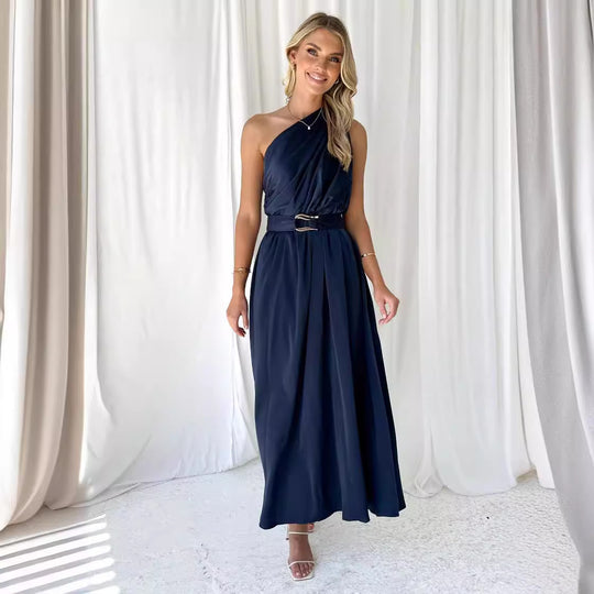 Damen Abendkleid mit asymmetrischem Trägerdesign und elegantem Taillengürtel EB
