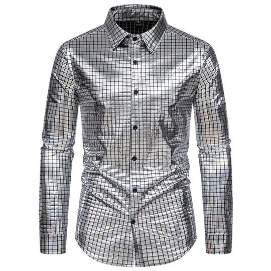 Herren Glänzendes Fashion-Hemd mit quadratischem Muster EB