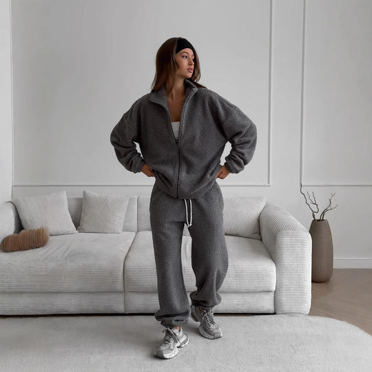 Damen oversized Teddy-Fleece Hausanzug mit Reißverschlussjacke und Jogginghose EB