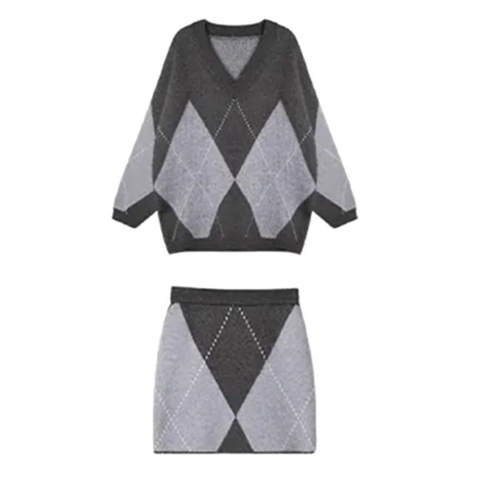 Damen Skandinavisches Strickensemble mit V-Ausschnitt und Rautenmuster EB