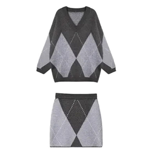 Damen Skandinavisches Strickensemble mit V-Ausschnitt und Rautenmuster EB