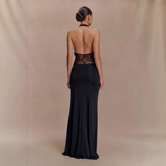 Damen Elegantes Maxikleid mit raffiniertem Spitzenbesatz und Drapierungen EB