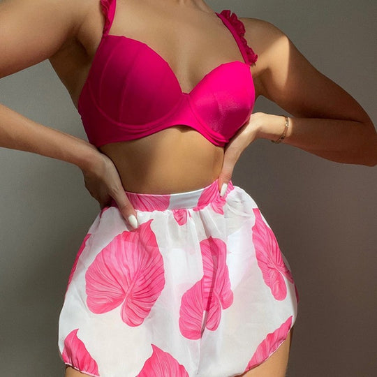 Damen Bikini-Set mit fransigem schimmerndem Oberteil und luftigem Rock EB