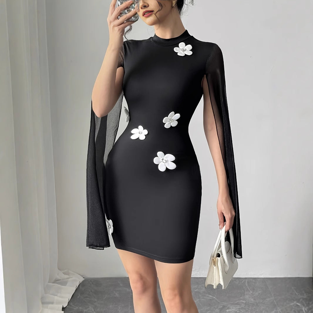 Damen Kleid mit transparenten Ärmeln und floralen Applikationen EB