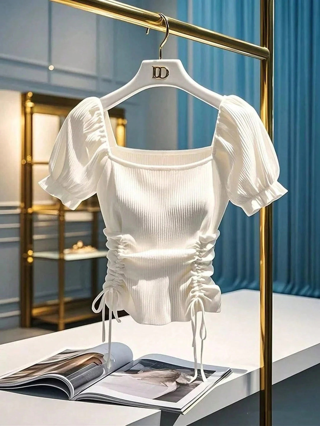 Damen leichtes Ripp-Crop-Top mit verstellbarem Kordelzug EB