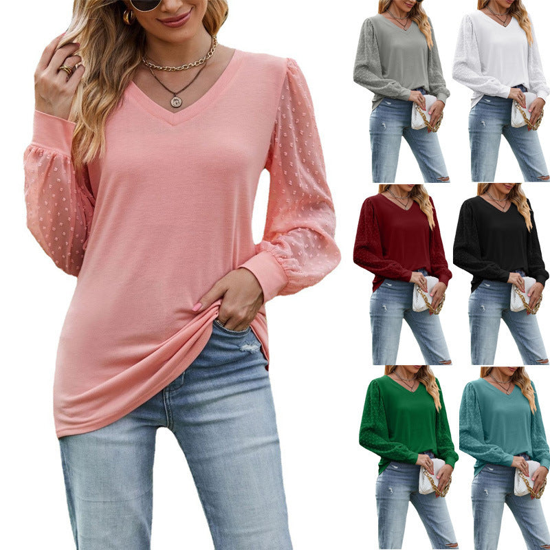Damen elegantes V-Ausschnitt Oberteil mit Puffärmeln EB