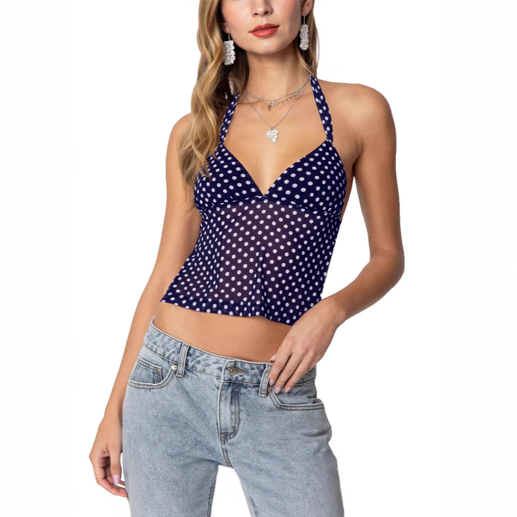 Damen luftiges Polka-Dots Oberteil mit tiefem V-Ausschnitt und Trägern EB