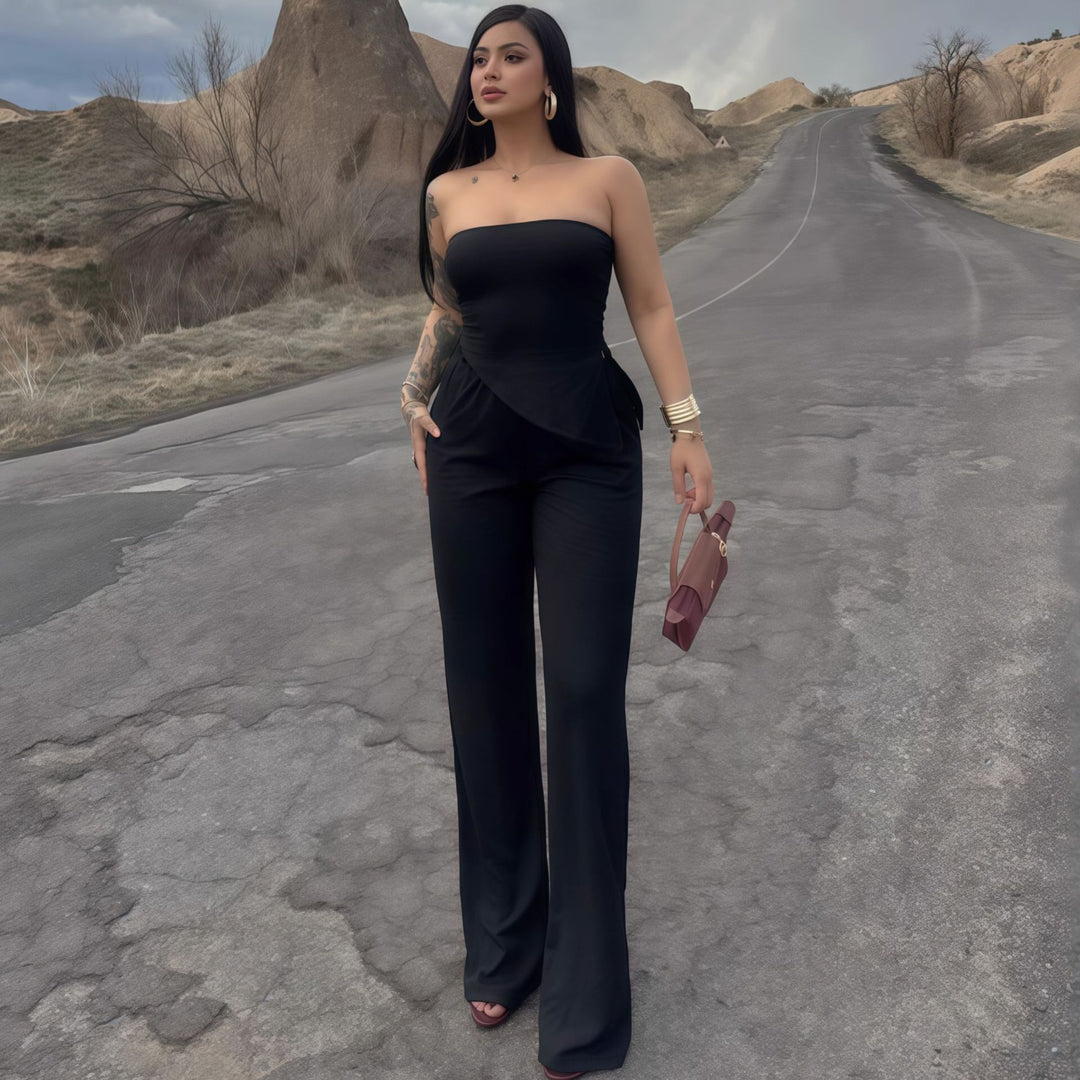 Damen eleganter Jumpsuit mit schulterfreiem Design und asymmetrischem Saum EB