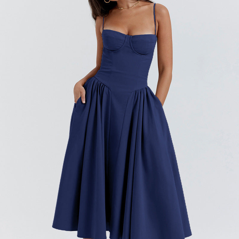 Damen Midikleid mit trägerlosem Design und voluminösem Faltenrock EB
