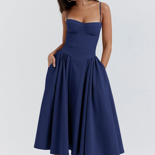 Damen Midikleid mit trägerlosem Design und voluminösem Faltenrock EB