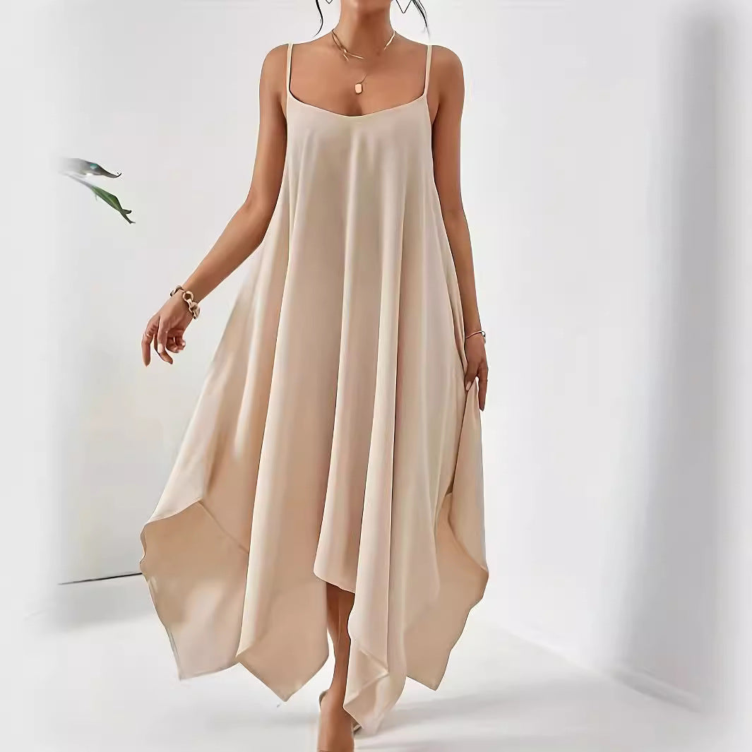 Damen luftiges Maxikleid mit asymmetrischem Saum und feinen Spaghettiträgern EB