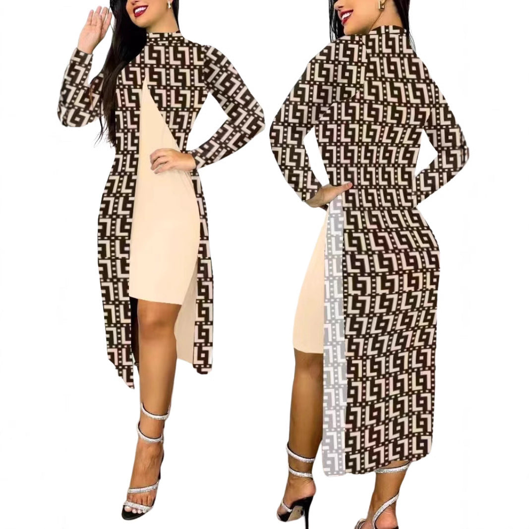 Damen elegantes Maxikleid mit asymmetrischem Schnitt und Grafischem Muster EB