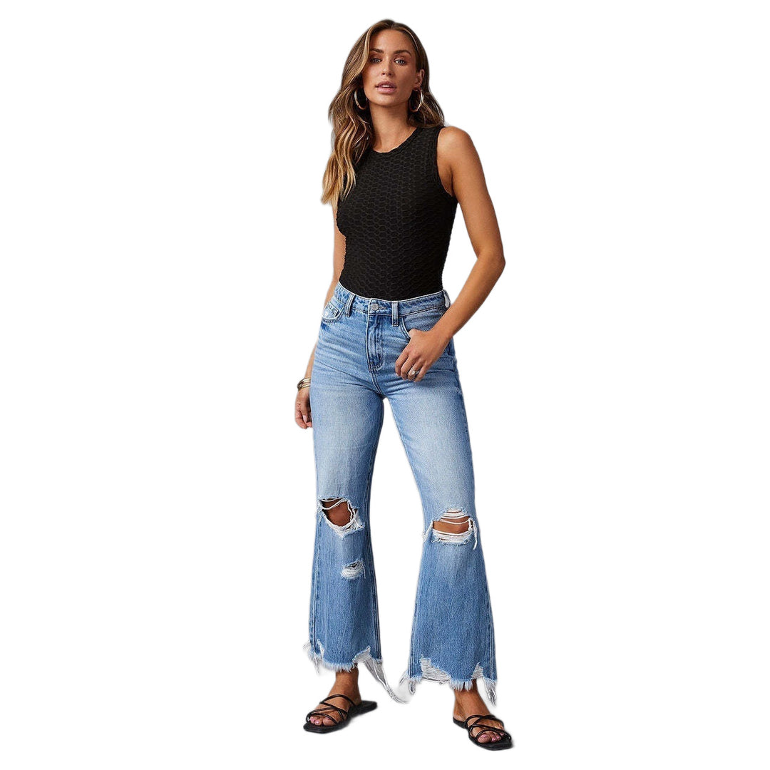 Damen nan hochgeschnittene ausgestellte Destroyed-Jeans mit Knieausfransungen und rohem Saum EB