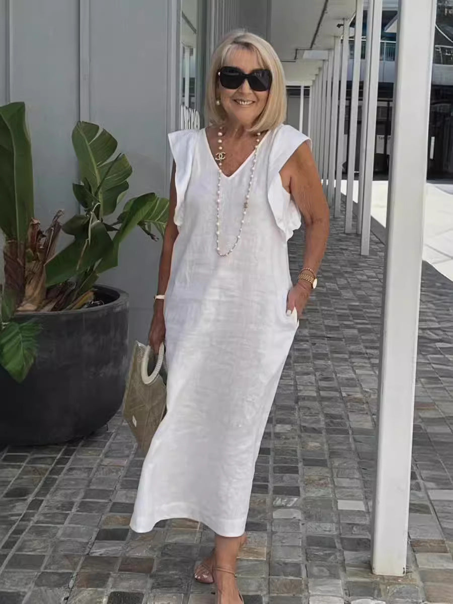 Damen Leichtes Maxikleid mit V-Ausschnitt und seitlichen Taschen EB