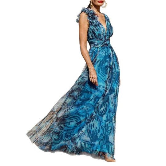 Damen Elegantes Maxikleid mit zarten Rüschendetails und blickdichtem Chiffon EB