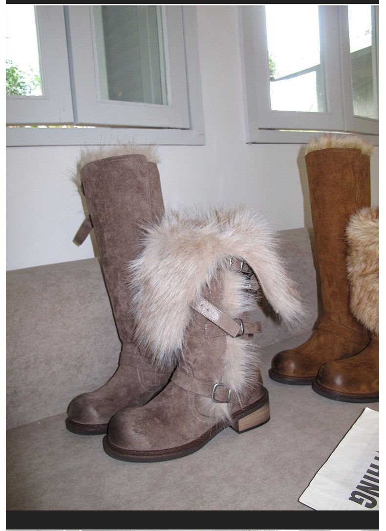 Damen elegante Winterstiefel mit modischem Kunstfellrand und praktischen Schnallen EB