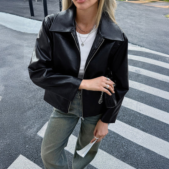 Damen nan elegante Kunstlederjacke mit Reißverschluss, Hemdkragen und Eingrifftaschen EB
