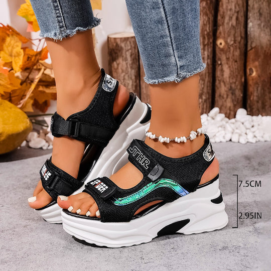 Damen Plateau-Sandalen mit verstellbaren Riemen und modischem Glitzer-Design EB
