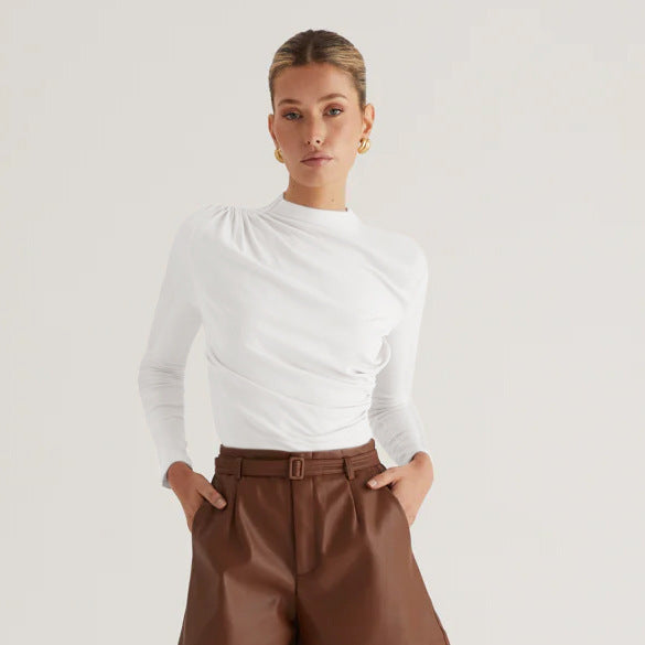 Damen Langarmshirt mit elegantem Wickeldesign und hochgeschlossenem Kragen EB