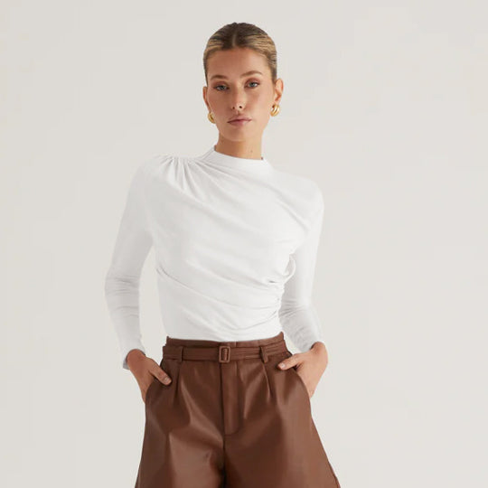 Damen Langarmshirt mit elegantem Wickeldesign und hochgeschlossenem Kragen EB