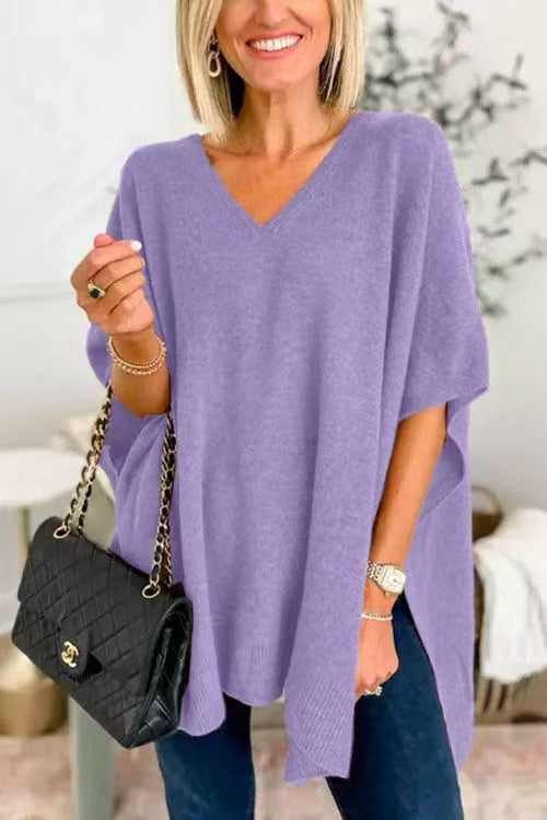 Damen lässiger Strickponcho mit V-Ausschnitt und übergroßem Schnitt EB