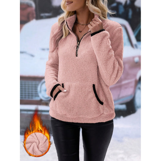 Damen Weicher Teddy-Pullover im lässigen Look mit halben Reißverschluss EB