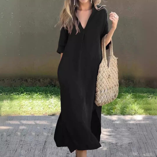 Damen Maxikleid mit modischem V-Ausschnitt und eleganten Seitenschlitzen EB