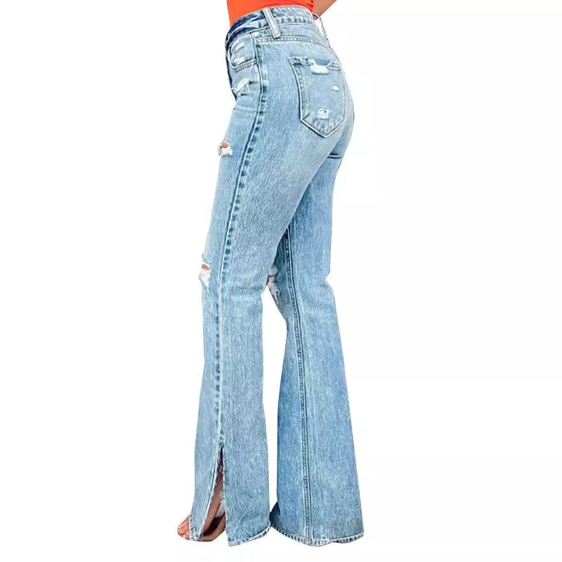 Damen Flared Jeans mit Distressed-Effekten und seitlichen Schlitzen EB