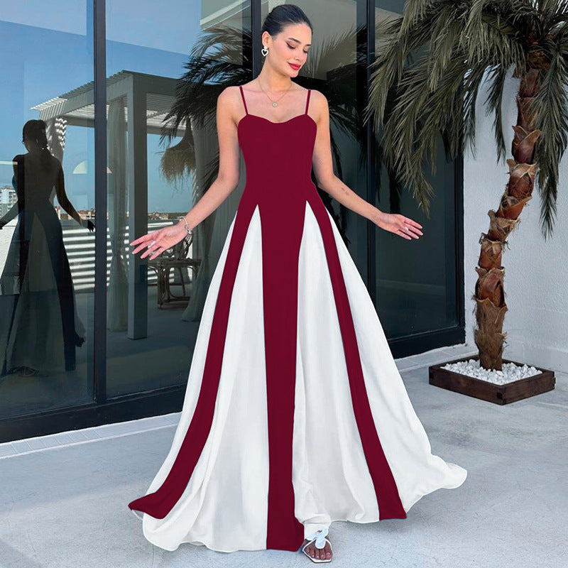 Damen Elegantes Maxikleid mit diagonalen Farbakzenten und schmalen Spaghettiträgern EB