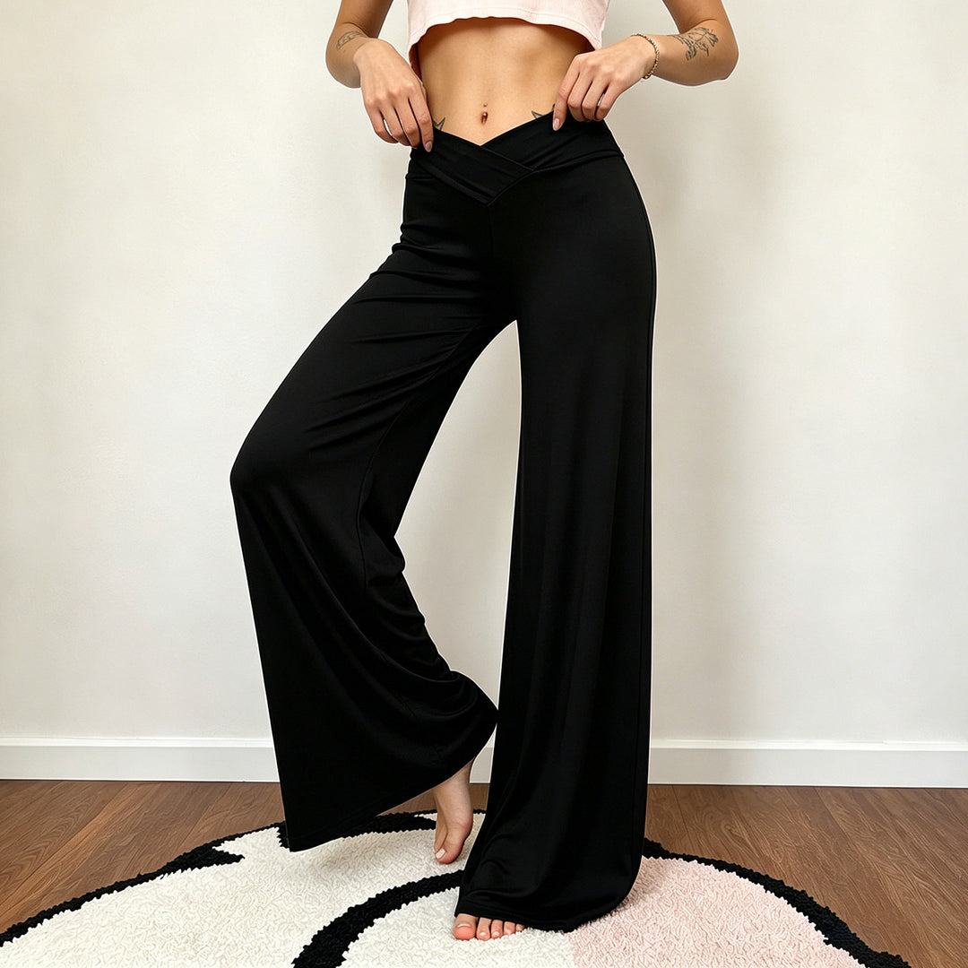 Damen nan weite Palazzo-Hose mit V-förmiger Bundnaht und elastischem Stretch-Jersey EB