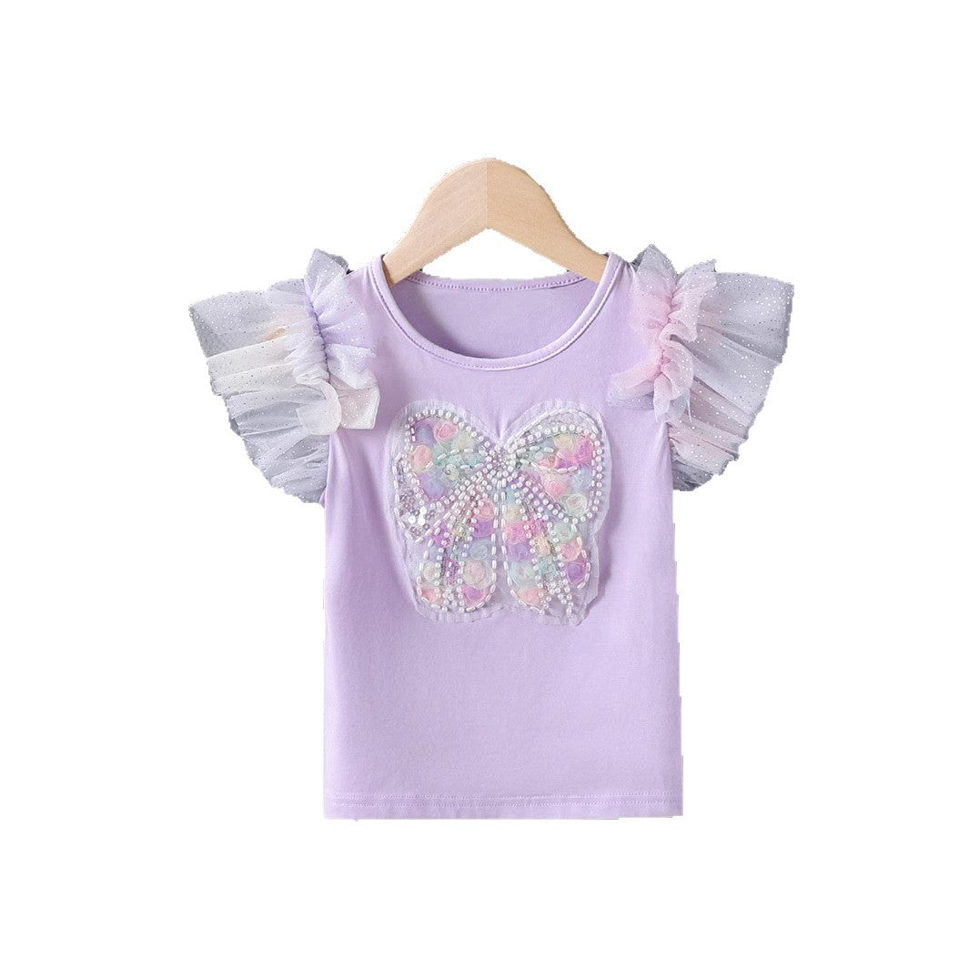 Mädchen T-Shirt mit funkelndem Schmetterlingsmotiv und Rüschendetails EB