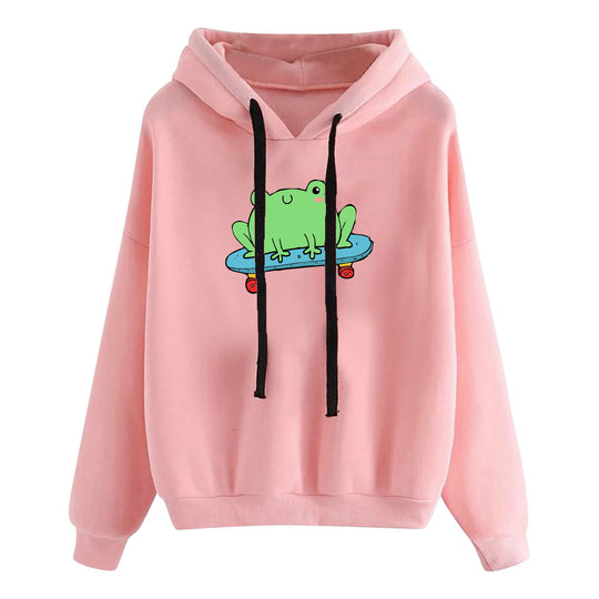 Damen nan kurz geschnittener Cropped-Kapuzenpullover mit niedlicher Frosch-Illustration und verstellbarer Kapuze EB