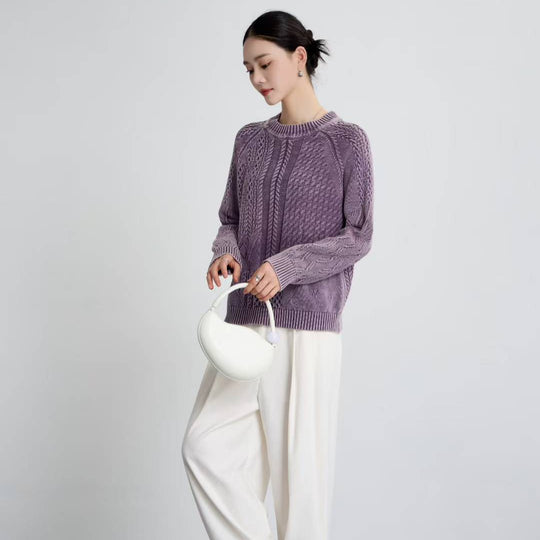 Damen Grob gestrickter Pullover mit Zopfmuster und lässigem Schnitt EB