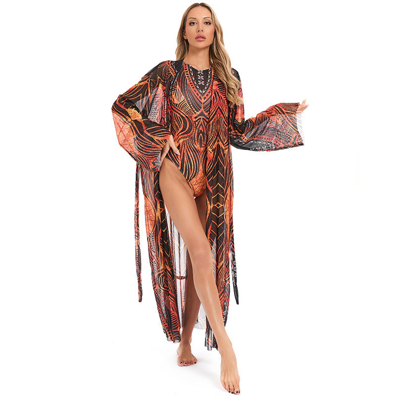 Damen eleganter transparenter Strandkimono mit floralem Design EB
