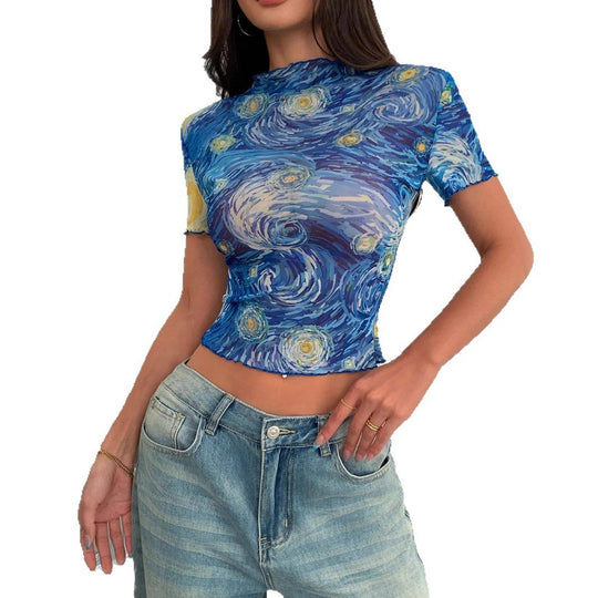 Damen nan figurbetontes bauchfreies Kurztop mit künstlerischem Wirbelprint, Stehkragen und Kräuselrand EB