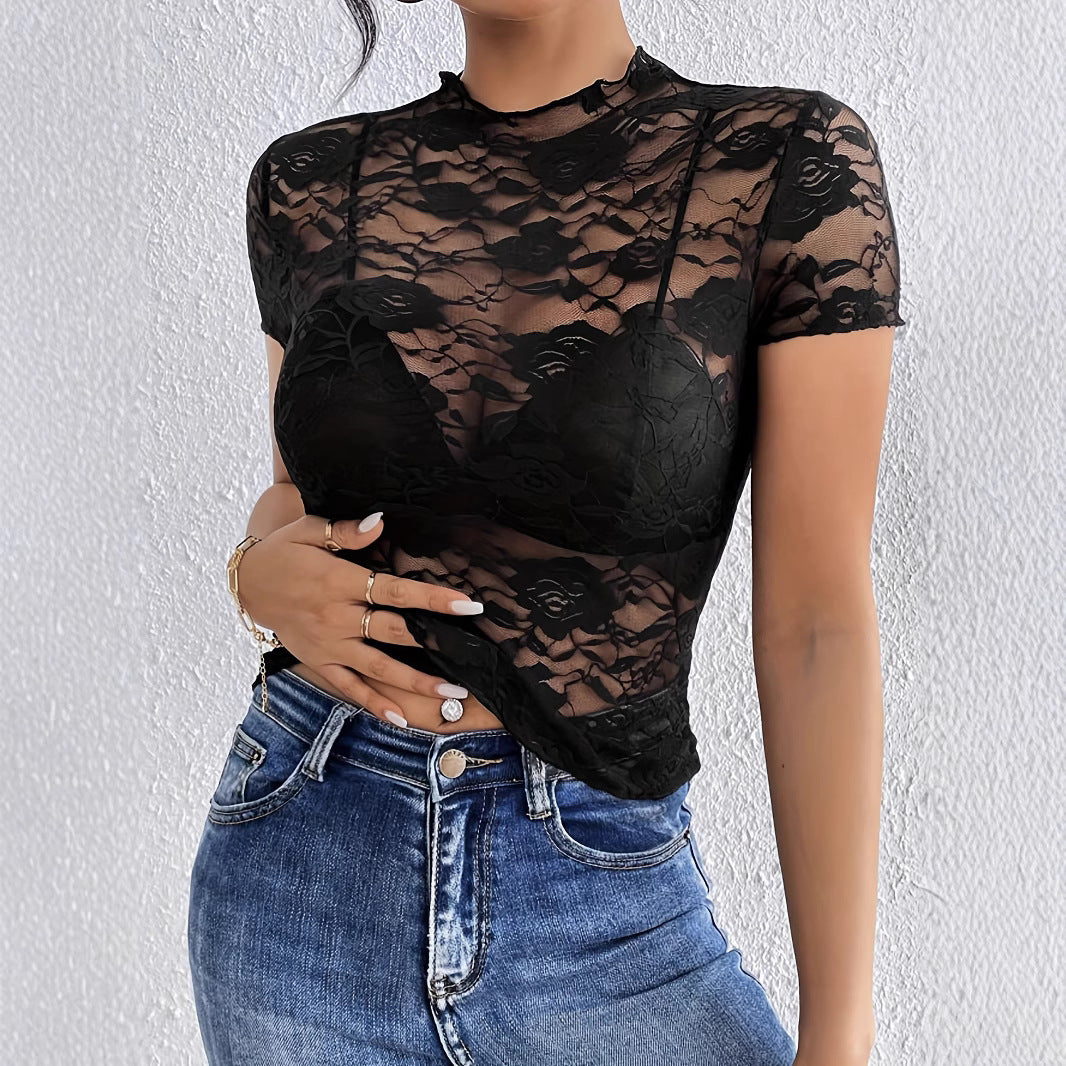 Damen Spitzenoberteil mit hohem Kragen und floralem Design EB