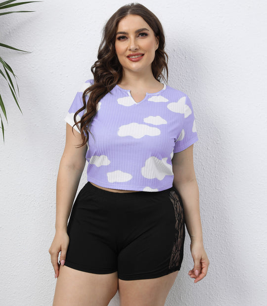 Damen cropped T-Shirt mit Wolkenmuster und elastischem Bund EB
