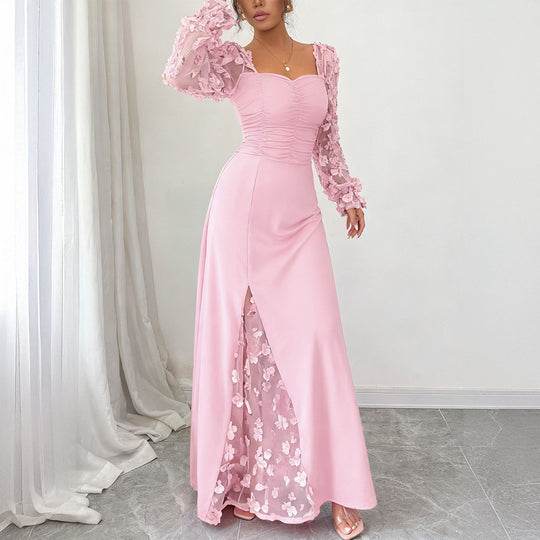 Damen Elegantes Maxikleid mit raffinierten Rüschendetails und transparenter Unterlage EB