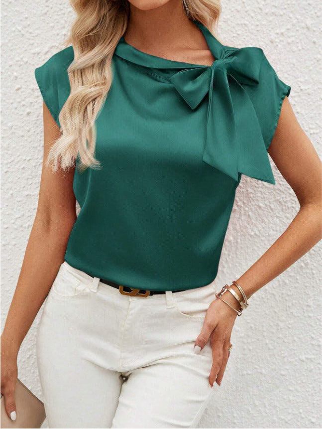Damen elegante Bluse mit dekorativem Schleifen-Detail und schimmerndem Finish EB