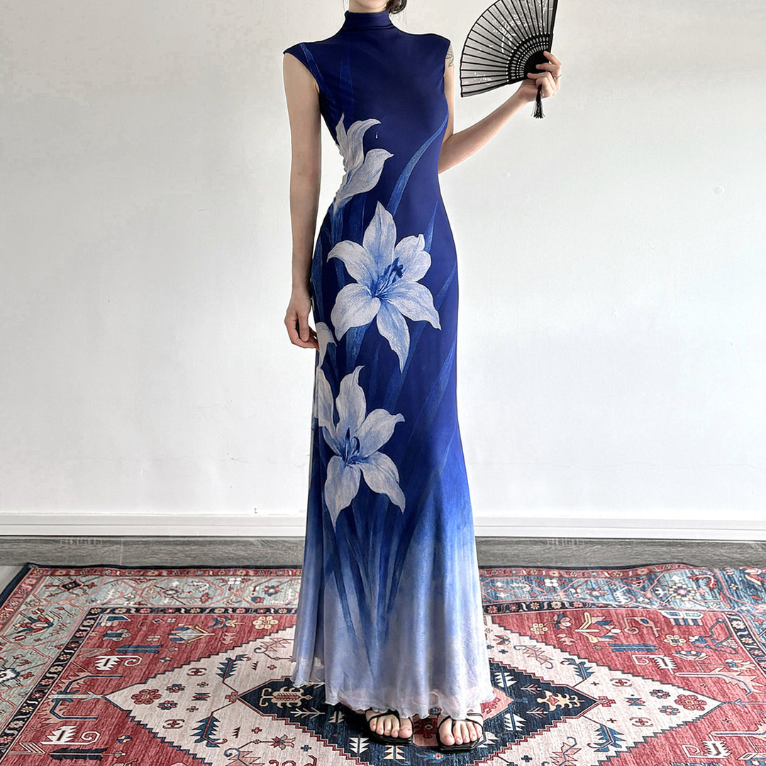 Damen Maxikleid mit floralem Design und elegantem Stehkragen EB