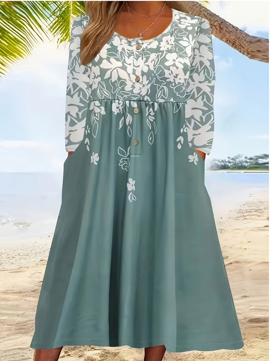 Damen Maxikleid mit floralem Design und eleganten Knopfdetails EB