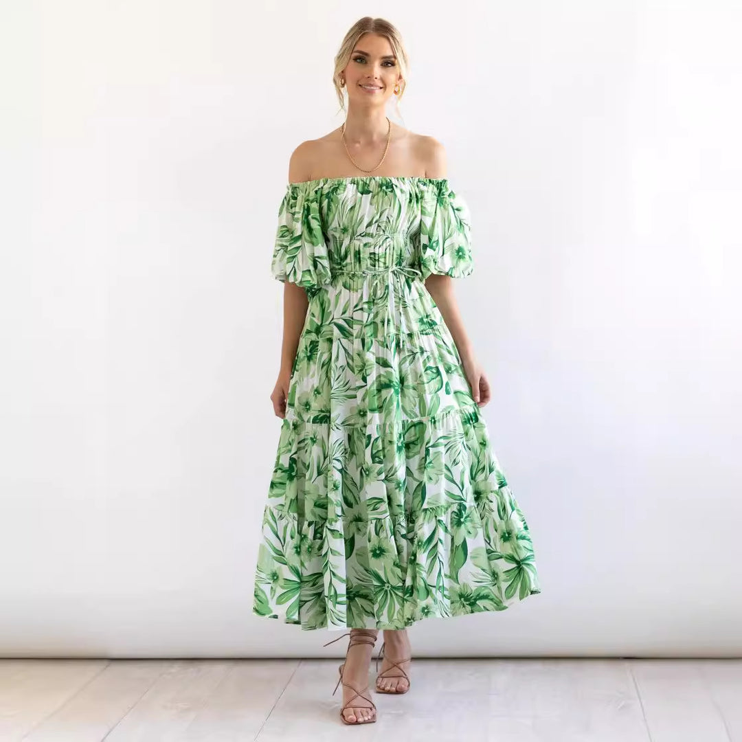 Damen Maxi Kleid mit ausgefallenem Off-Shoulder Design und voluminösen Ärmeln EB