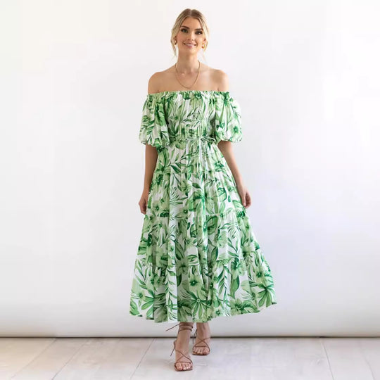 Damen Maxi Kleid mit ausgefallenem Off-Shoulder Design und voluminösen Ärmeln EB