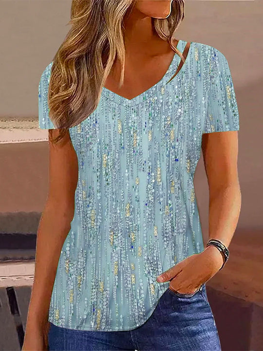 Damen V-Ausschnitt T-Shirt mit Glitzer-Detail und lockerer Passform EB