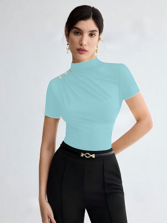 Damen elegantes Oberteil mit dekorativen Knopfdetails und modernem Stehkragen EB