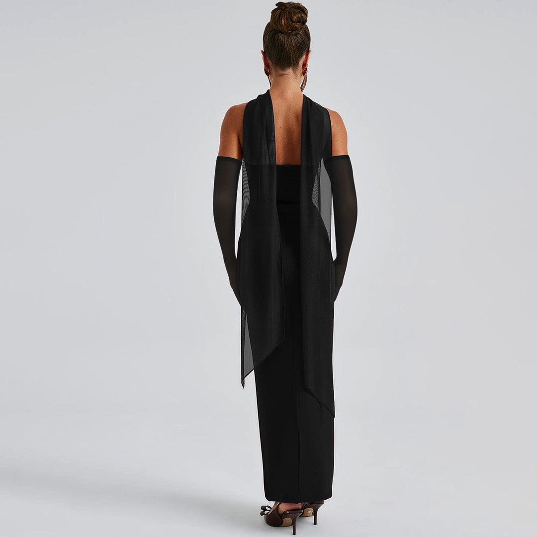 Damen figurbetontes Abendkleid mit Schulterband und langen Handschuhen EB