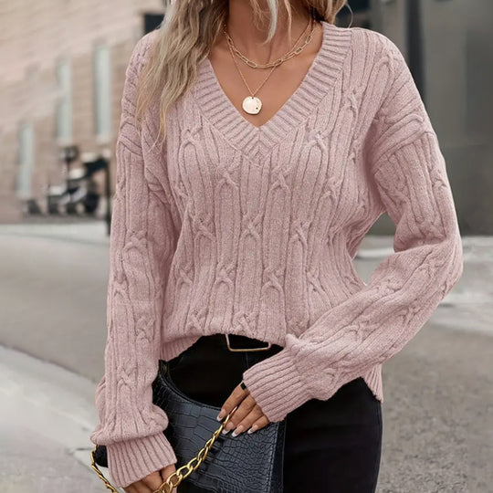 Damen Strickpullover mit V-Ausschnitt und Zopfmuster EB